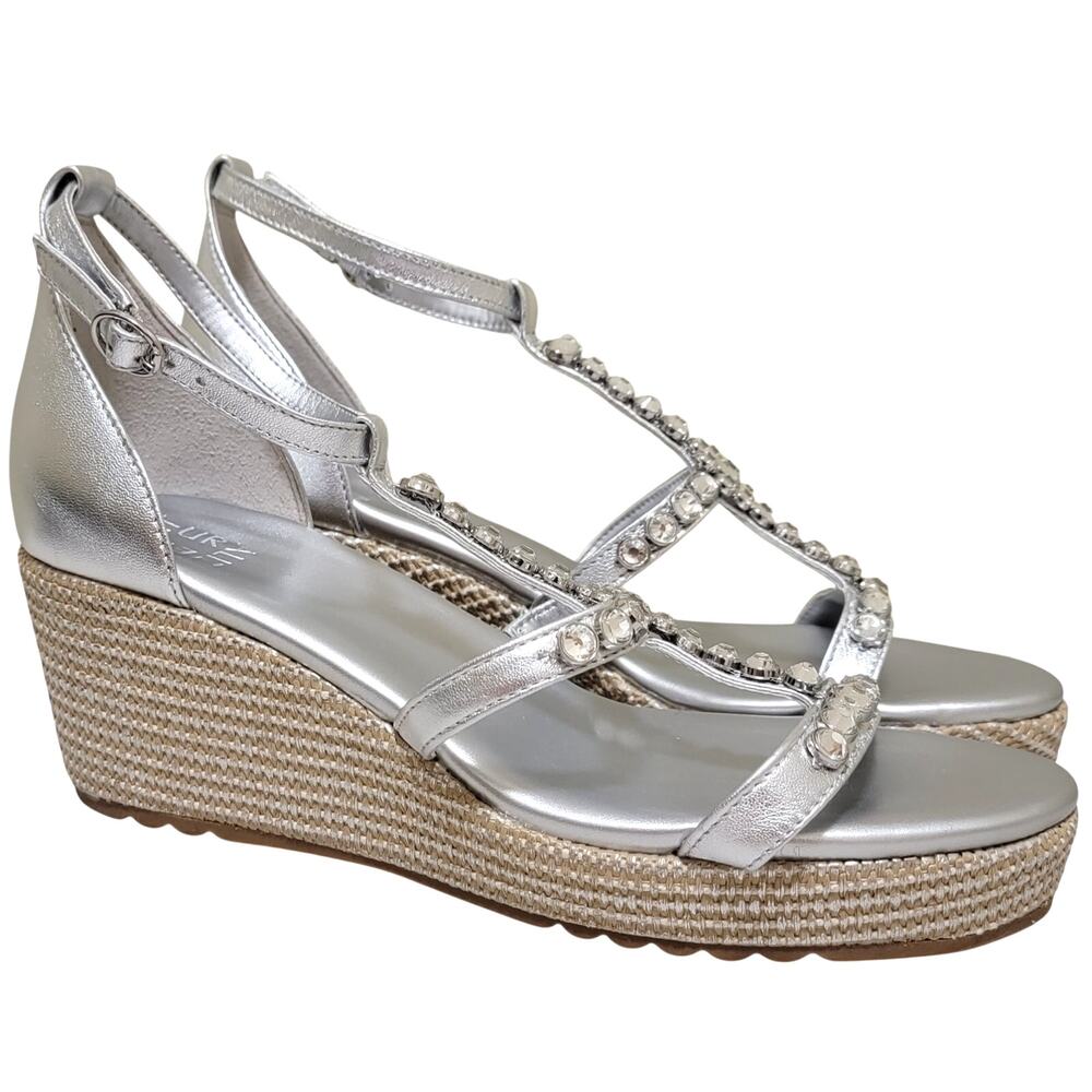 Naturalizer Women Serena T-Strap Espadrille Wedge Sandals Size US 11M Silver